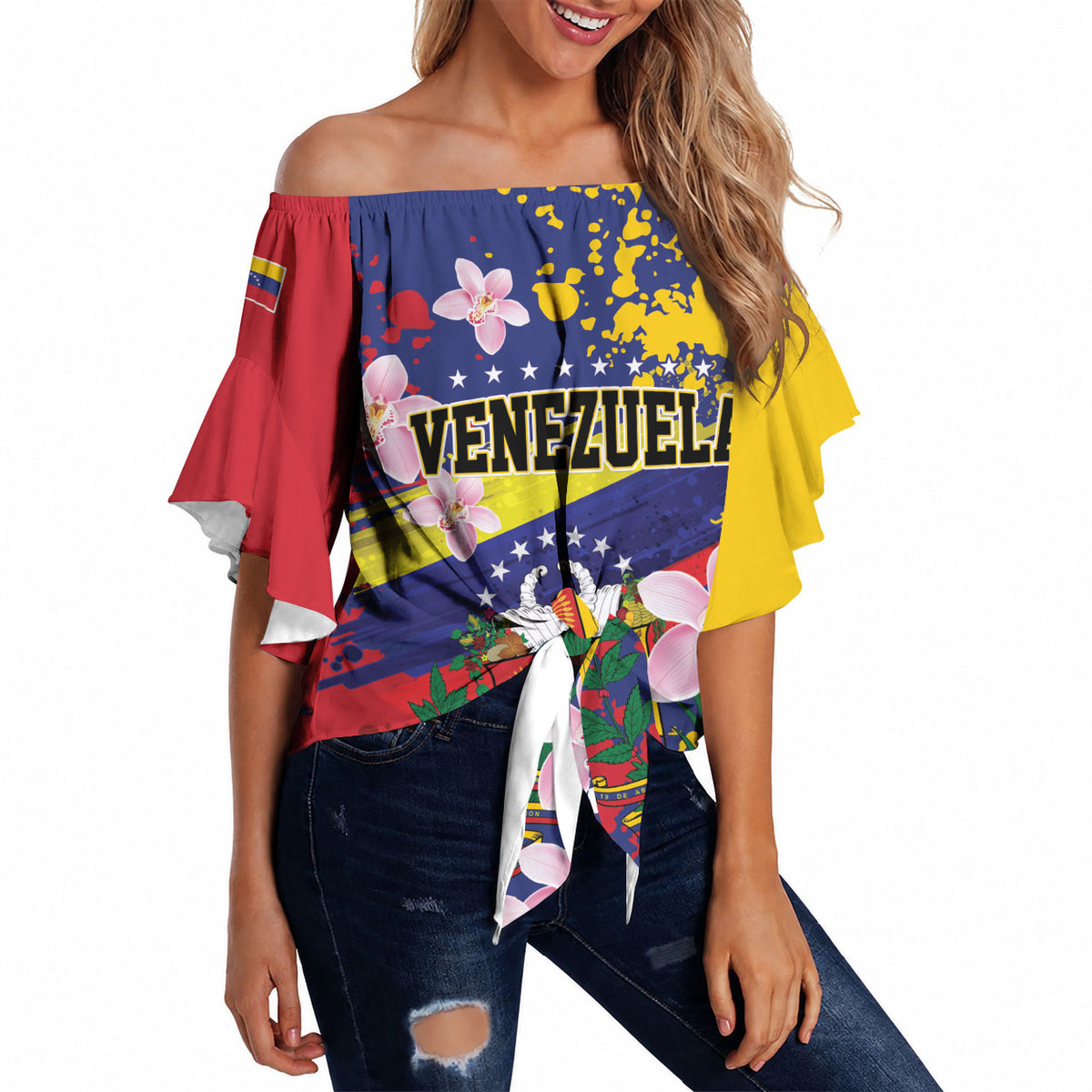 Personalized Venezuela Orchid Cattleya Mossiae Off Shoulder Wrap Waist Top Flag Color Inspired