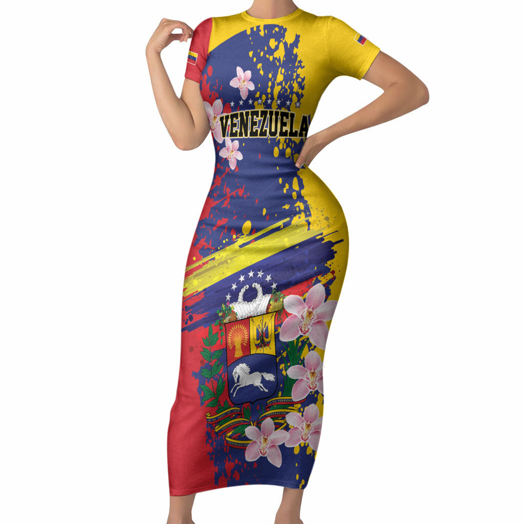 Personalized Venezuela Orchid Cattleya Mossiae Short Sleeve Bodycon Dress Flag Color Inspired