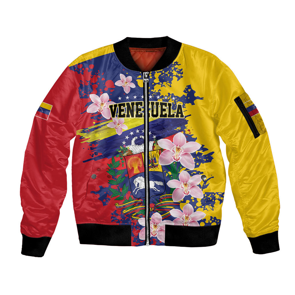 Personalized Venezuela Orchid Cattleya Mossiae Sleeve Zip Bomber Jacket Flag Color Inspired