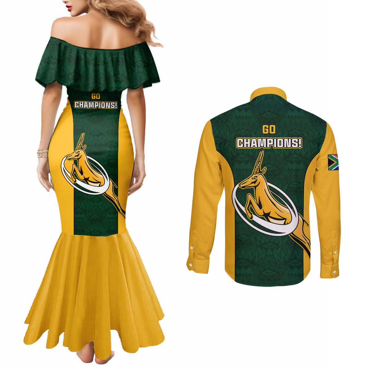 South Africa Rugby Couples Matching Mermaid Dress and Long Sleeve Button Shirts Springboks Go Champions Protea Pattern LT01