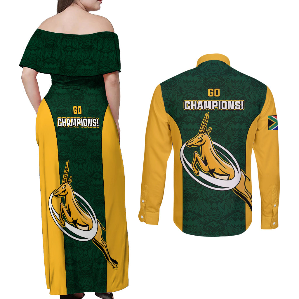 South Africa Rugby Couples Matching Off Shoulder Maxi Dress and Long Sleeve Button Shirts Springboks Go Champions Protea Pattern - Wonder Print Shop