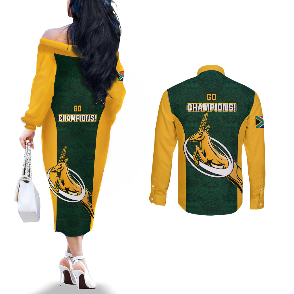 South Africa Rugby Couples Matching Off The Shoulder Long Sleeve Dress and Long Sleeve Button Shirts Springboks Go Champions Protea Pattern LT01