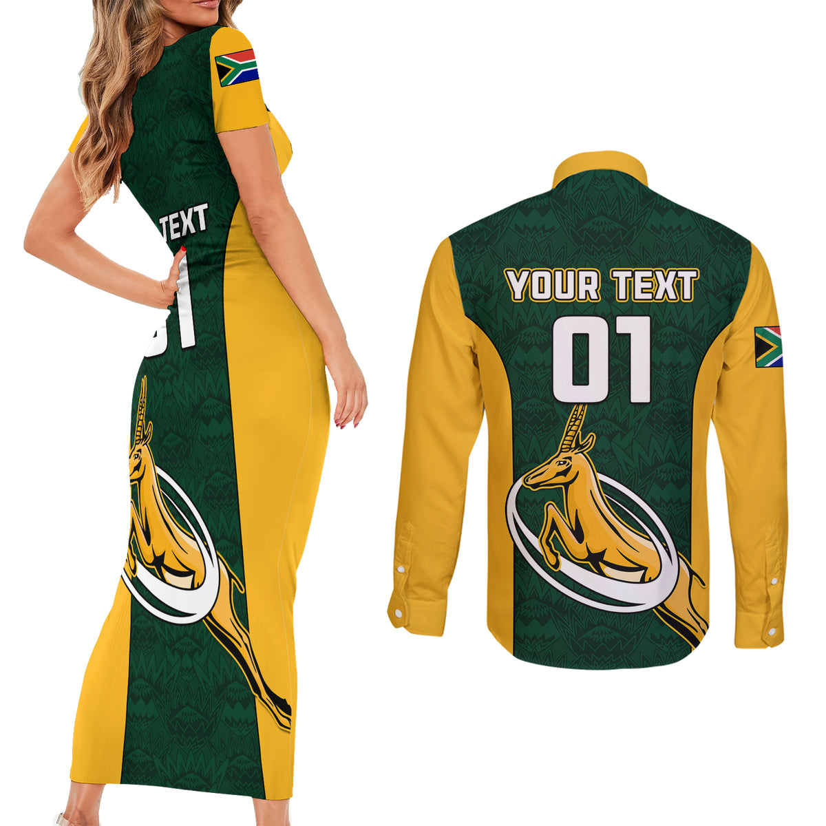 Custom South Africa Rugby Couples Matching Short Sleeve Bodycon Dress and Long Sleeve Button Shirts Springboks Go Champions Protea Pattern - Wonder Print Shop