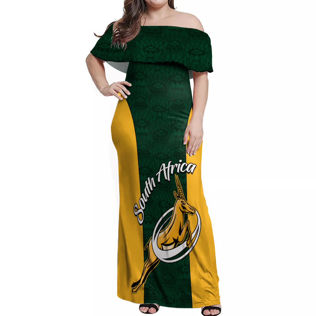 Custom South Africa Rugby Off Shoulder Maxi Dress Springboks Go Champions Protea Pattern - Wonder Print Shop