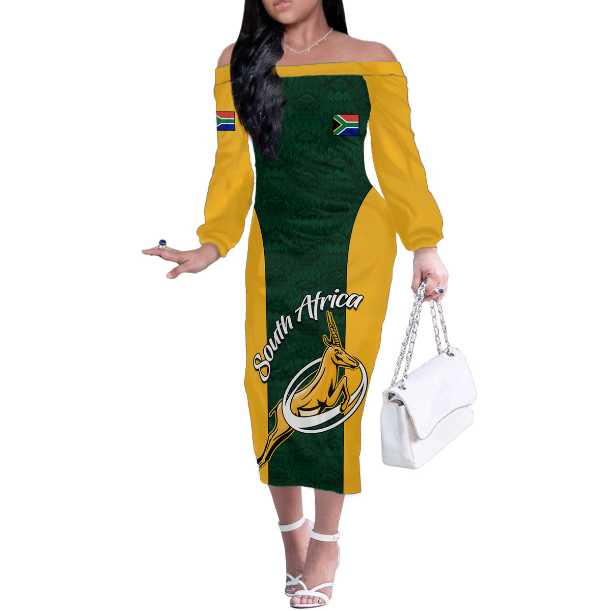 Custom South Africa Rugby Off The Shoulder Long Sleeve Dress Springboks Go Champions Protea Pattern - Wonder Print Shop