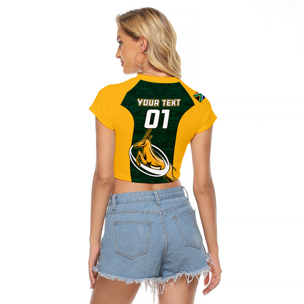 Custom South Africa Rugby Raglan Cropped T Shirt Springboks Go Champions Protea Pattern - Wonder Print Shop