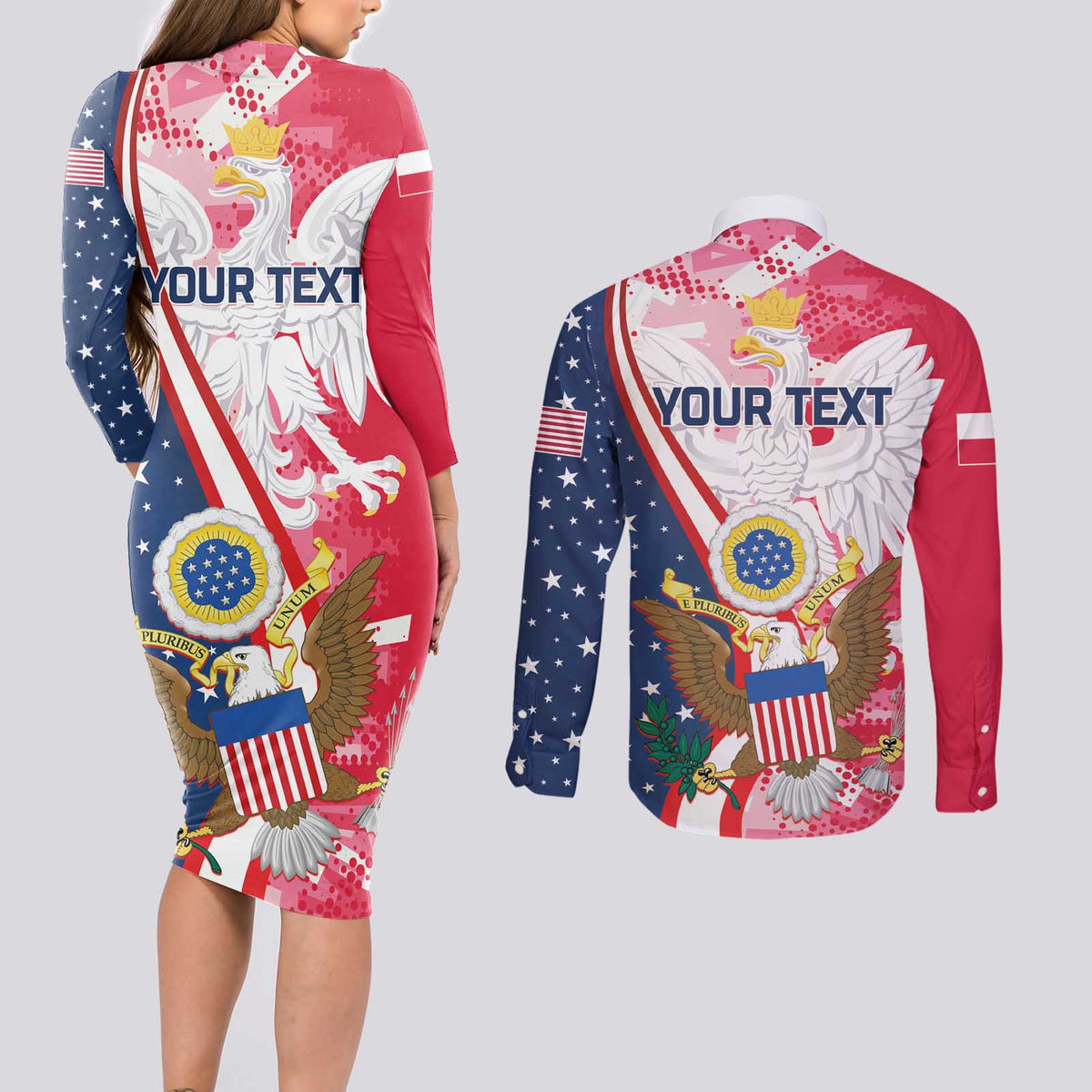 Personalized Polish-American Heritage Month Couples Matching Long Sleeve Bodycon Dress and Long Sleeve Button Shirt Eagle Curve Style - Wonder Print Shop