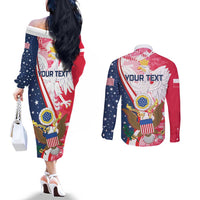 Personalized Polish-American Heritage Month Couples Matching Off The Shoulder Long Sleeve Dress and Long Sleeve Button Shirt Eagle Curve Style