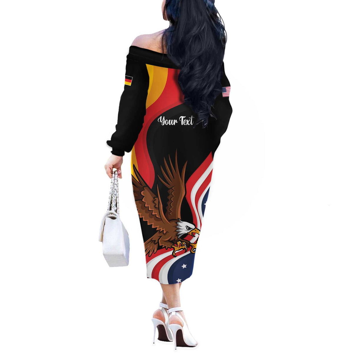 Personalized Proud to be German-American Off The Shoulder Long Sleeve Dress Eagle Heritage Month - Wonder Print Shop
