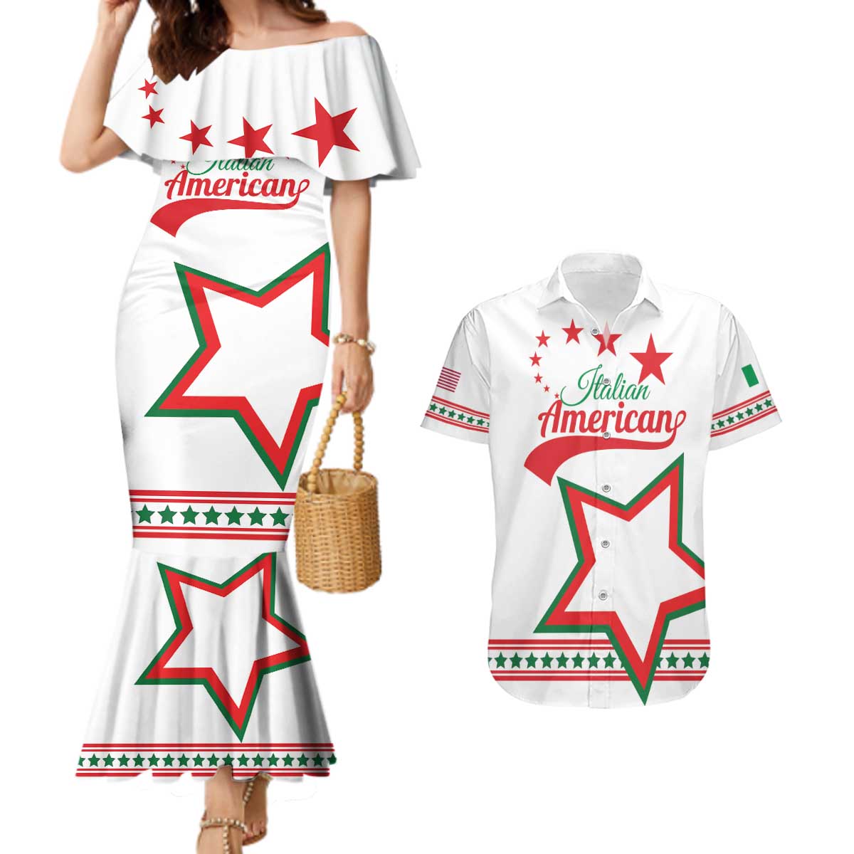 Personalized Italian-American Heritage Month Couples Matching Mermaid Dress and Hawaiian Shirt Starlight Simple Style - Wonder Print Shop