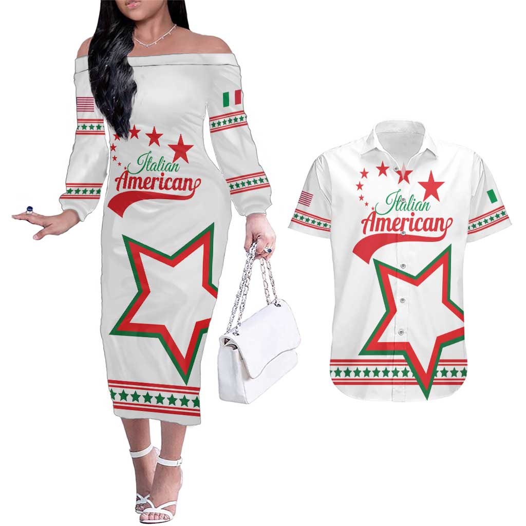 Personalized Italian-American Heritage Month Couples Matching Off The Shoulder Long Sleeve Dress and Hawaiian Shirt Starlight Simple Style - Wonder Print Shop