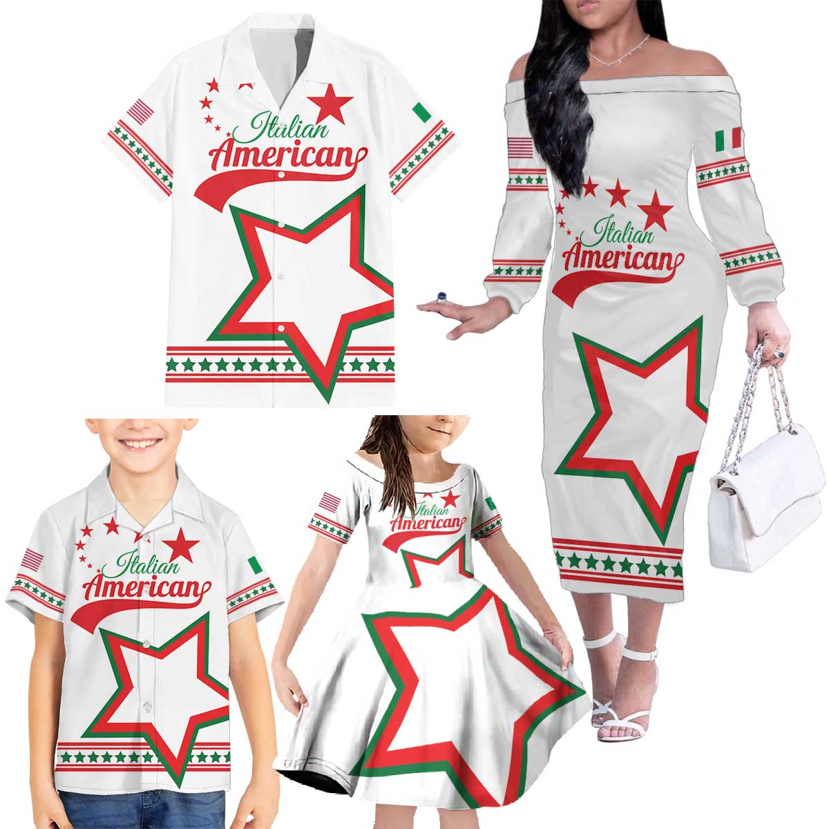 Personalized Italian-American Heritage Month Family Matching Off The Shoulder Long Sleeve Dress and Hawaiian Shirt Starlight Simple Style - Wonder Print Shop