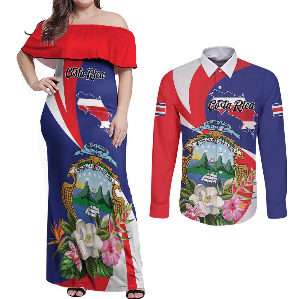 Personalized Costa Rica Pura Vida Tropical Couples Matching Off Shoulder Maxi Dress and Long Sleeve Button Shirt - Wonder Print Shop
