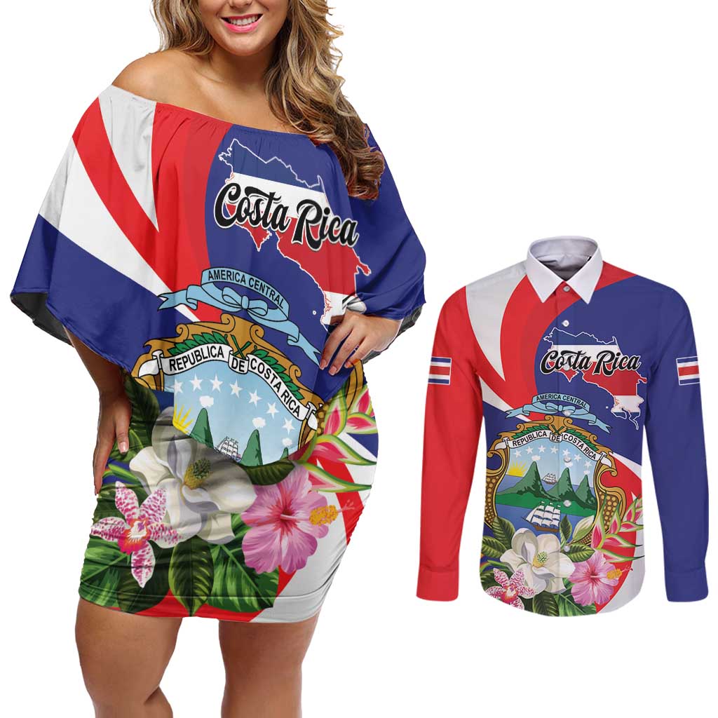 Personalized Costa Rica Pura Vida Tropical Couples Matching Off Shoulder Short Dress and Long Sleeve Button Shirt - Wonder Print Shop