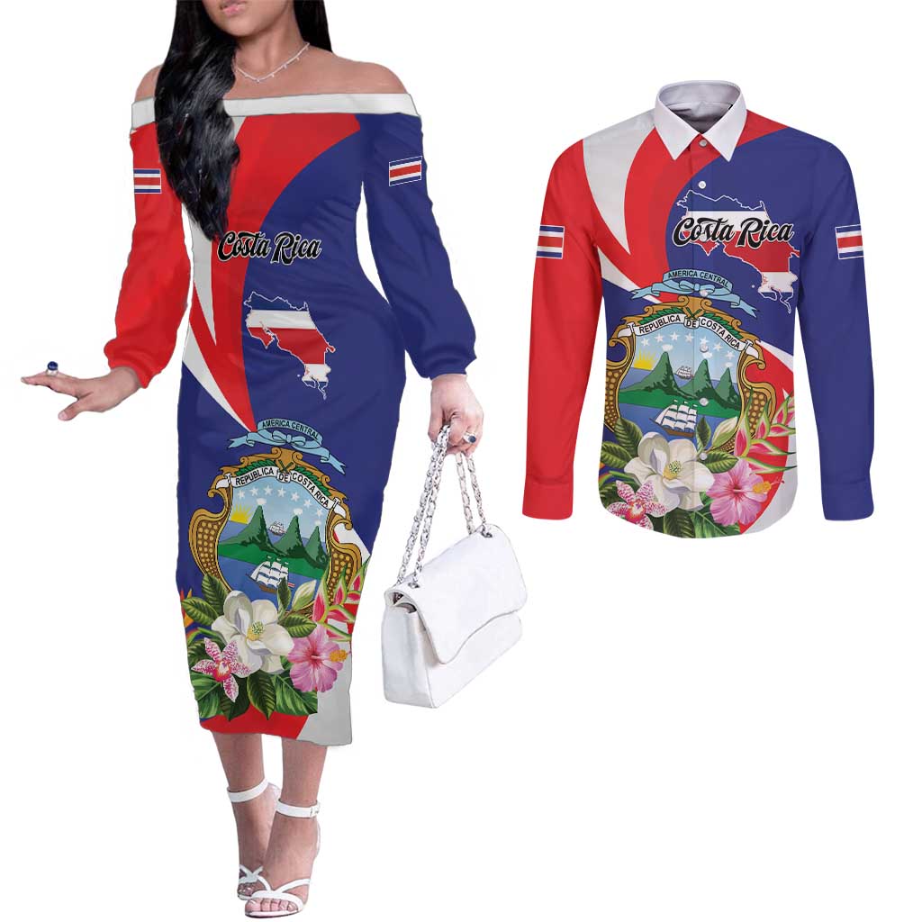 Personalized Costa Rica Pura Vida Tropical Couples Matching Off The Shoulder Long Sleeve Dress and Long Sleeve Button Shirt - Wonder Print Shop