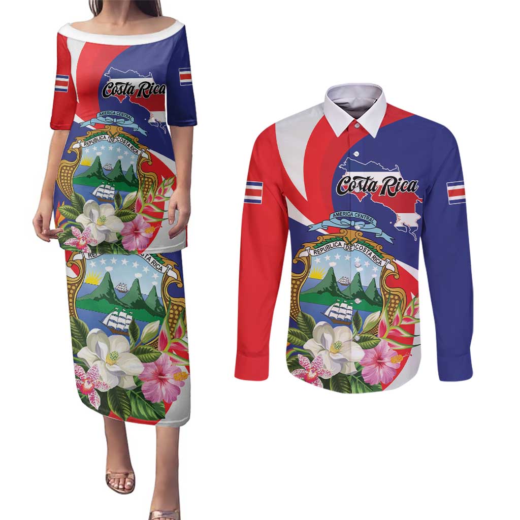 Personalized Costa Rica Pura Vida Tropical Couples Matching Puletasi and Long Sleeve Button Shirt - Wonder Print Shop