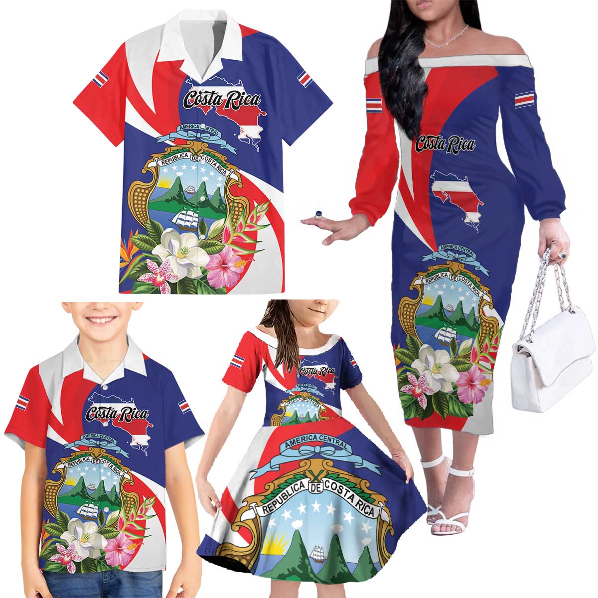 Personalized Costa Rica Pura Vida Tropical Family Matching Off The Shoulder Long Sleeve Dress and Hawaiian Shirt - Wonder Print Shop