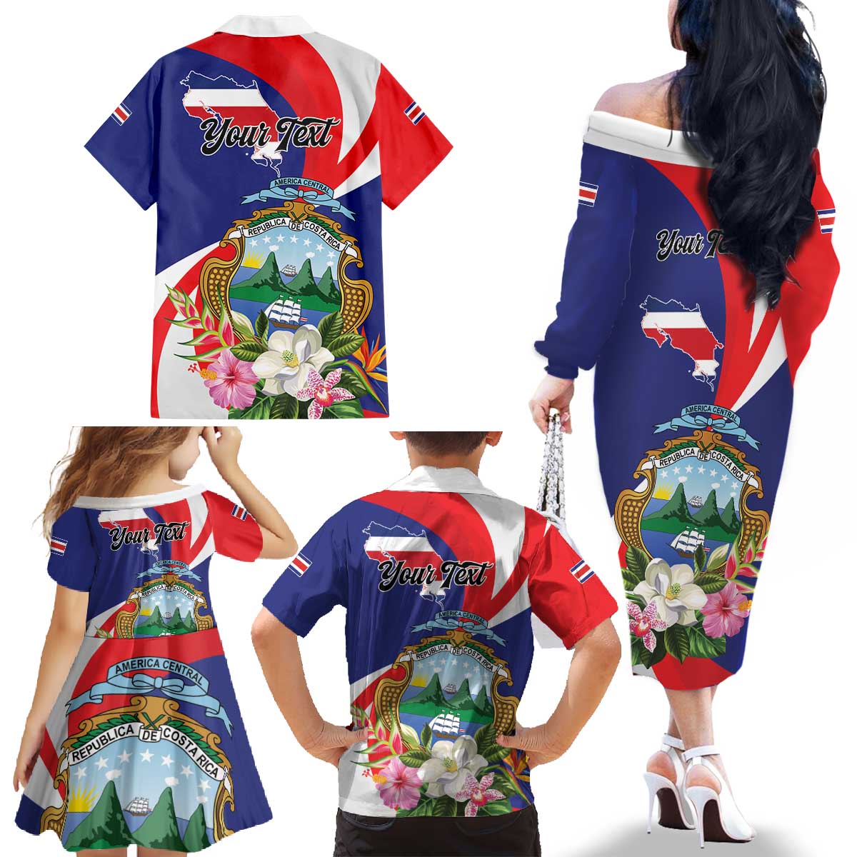 Personalized Costa Rica Pura Vida Tropical Family Matching Off The Shoulder Long Sleeve Dress and Hawaiian Shirt - Wonder Print Shop