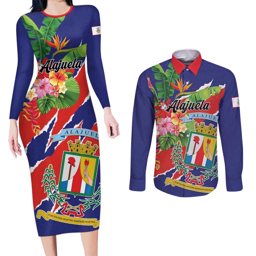 Personalized Costa Rica Alajuela Province Couples Matching Long Sleeve Bodycon Dress and Long Sleeve Button Shirt - Wonder Print Shop