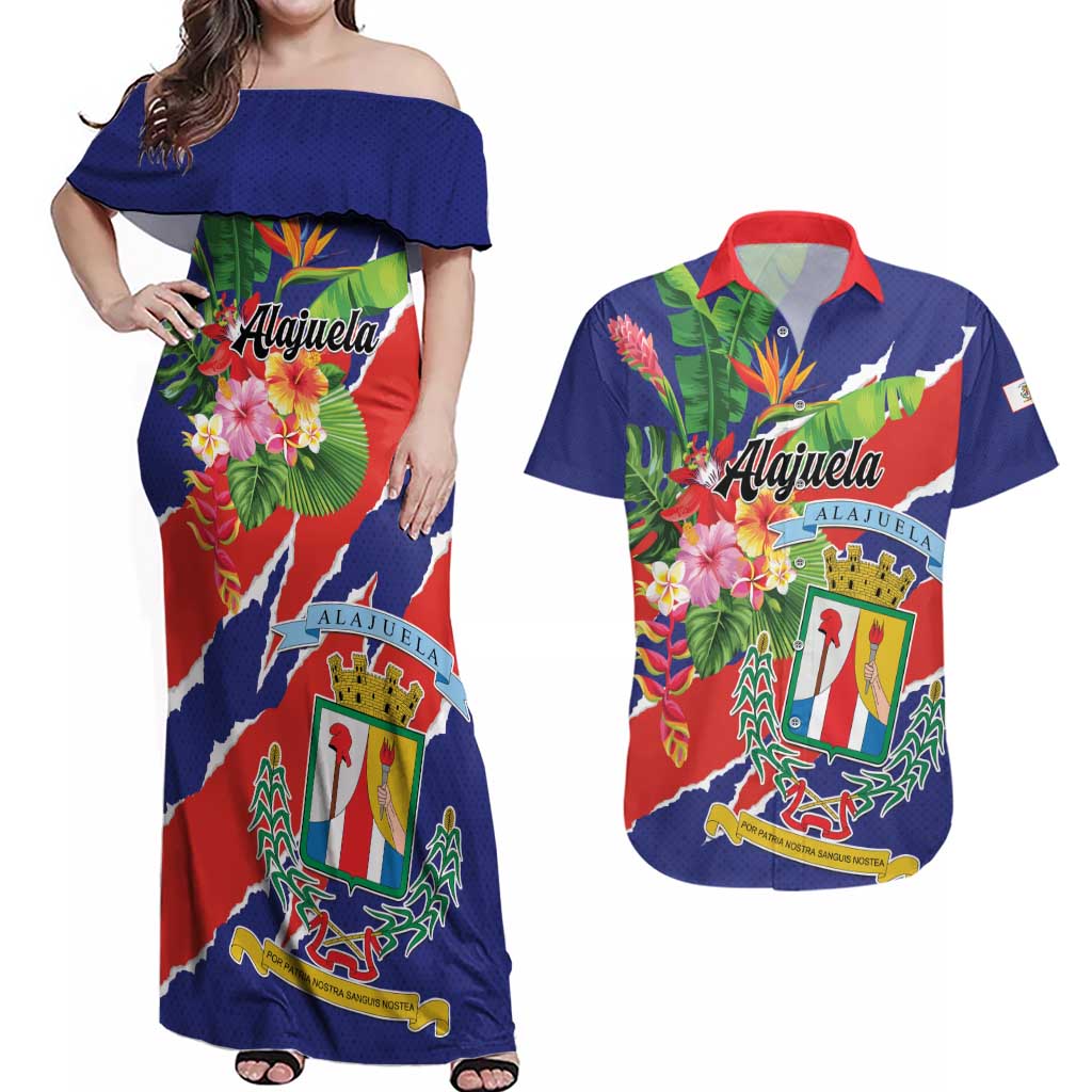 Personalized Costa Rica Alajuela Province Couples Matching Off Shoulder Maxi Dress and Hawaiian Shirt - Wonder Print Shop