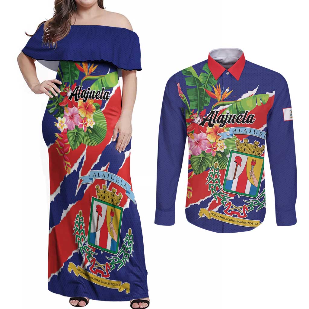 Personalized Costa Rica Alajuela Province Couples Matching Off Shoulder Maxi Dress and Long Sleeve Button Shirt - Wonder Print Shop