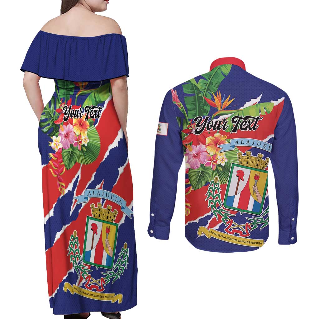 Personalized Costa Rica Alajuela Province Couples Matching Off Shoulder Maxi Dress and Long Sleeve Button Shirt - Wonder Print Shop