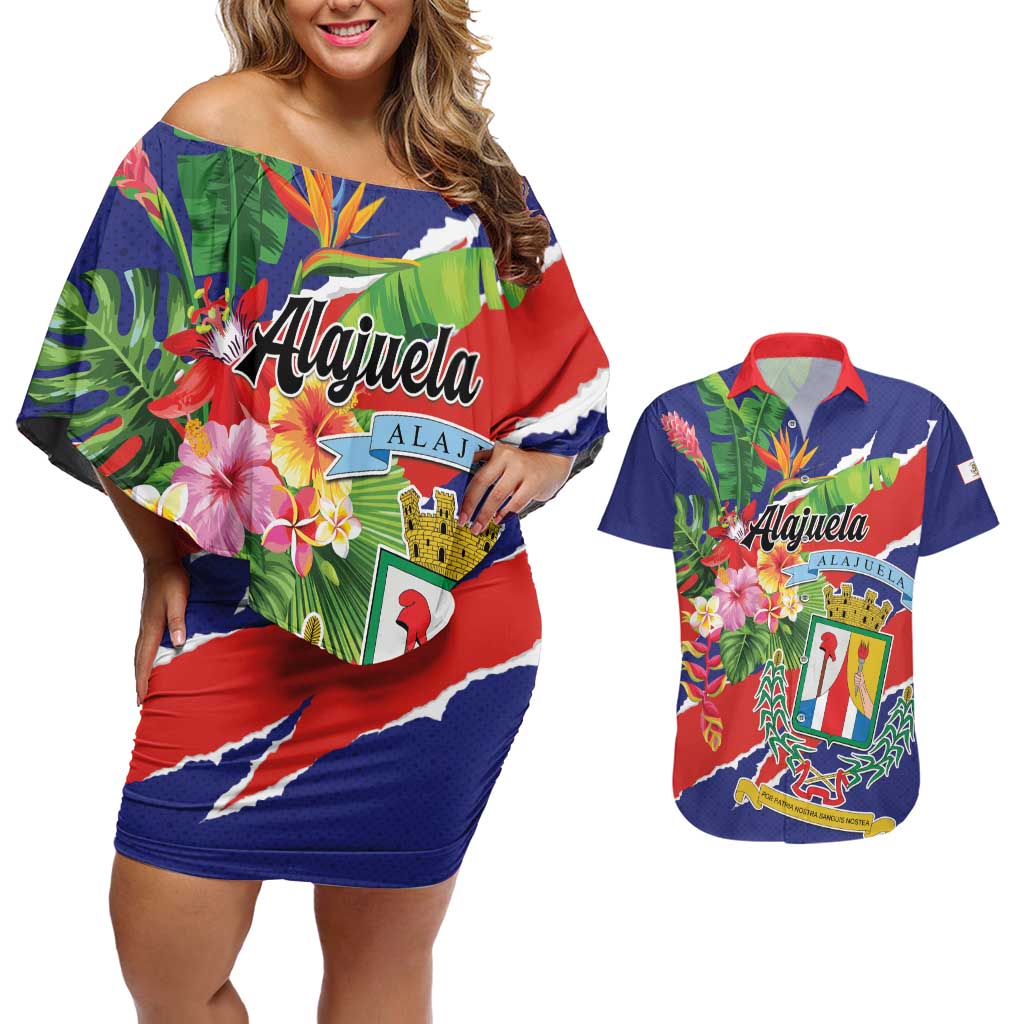 Personalized Costa Rica Alajuela Province Couples Matching Off Shoulder Short Dress and Hawaiian Shirt - Wonder Print Shop
