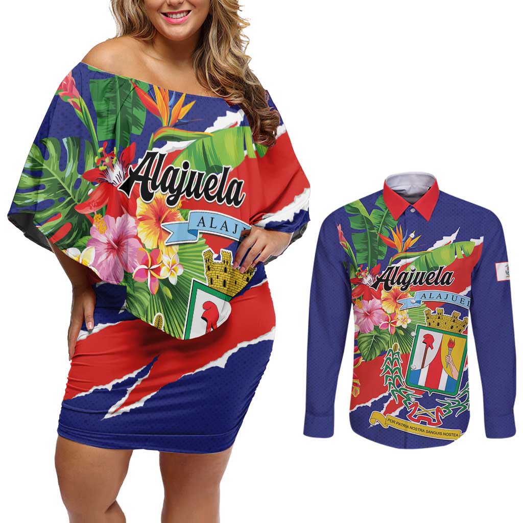 Personalized Costa Rica Alajuela Province Couples Matching Off Shoulder Short Dress and Long Sleeve Button Shirt - Wonder Print Shop