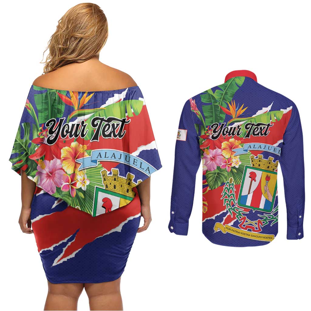 Personalized Costa Rica Alajuela Province Couples Matching Off Shoulder Short Dress and Long Sleeve Button Shirt - Wonder Print Shop