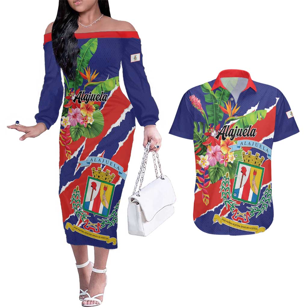 Personalized Costa Rica Alajuela Province Couples Matching Off The Shoulder Long Sleeve Dress and Hawaiian Shirt - Wonder Print Shop