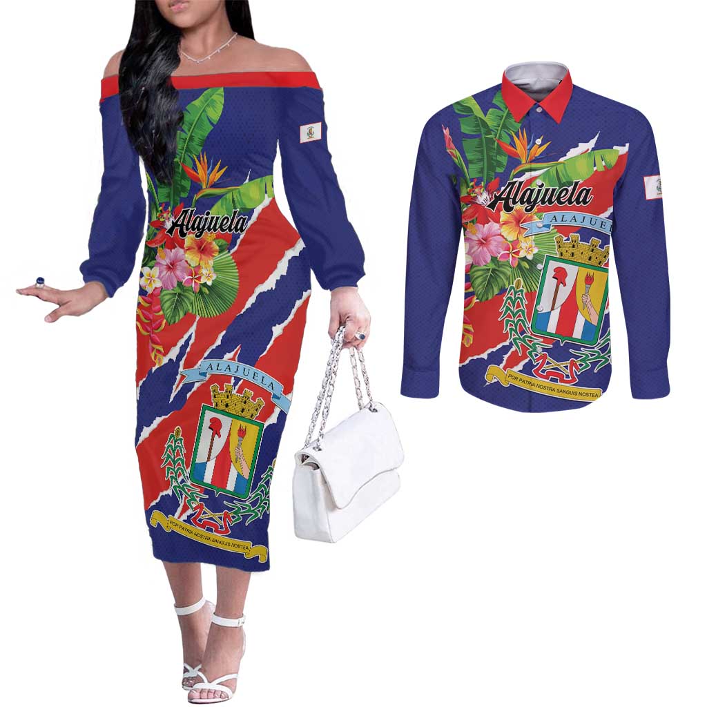 Personalized Costa Rica Alajuela Province Couples Matching Off The Shoulder Long Sleeve Dress and Long Sleeve Button Shirt - Wonder Print Shop