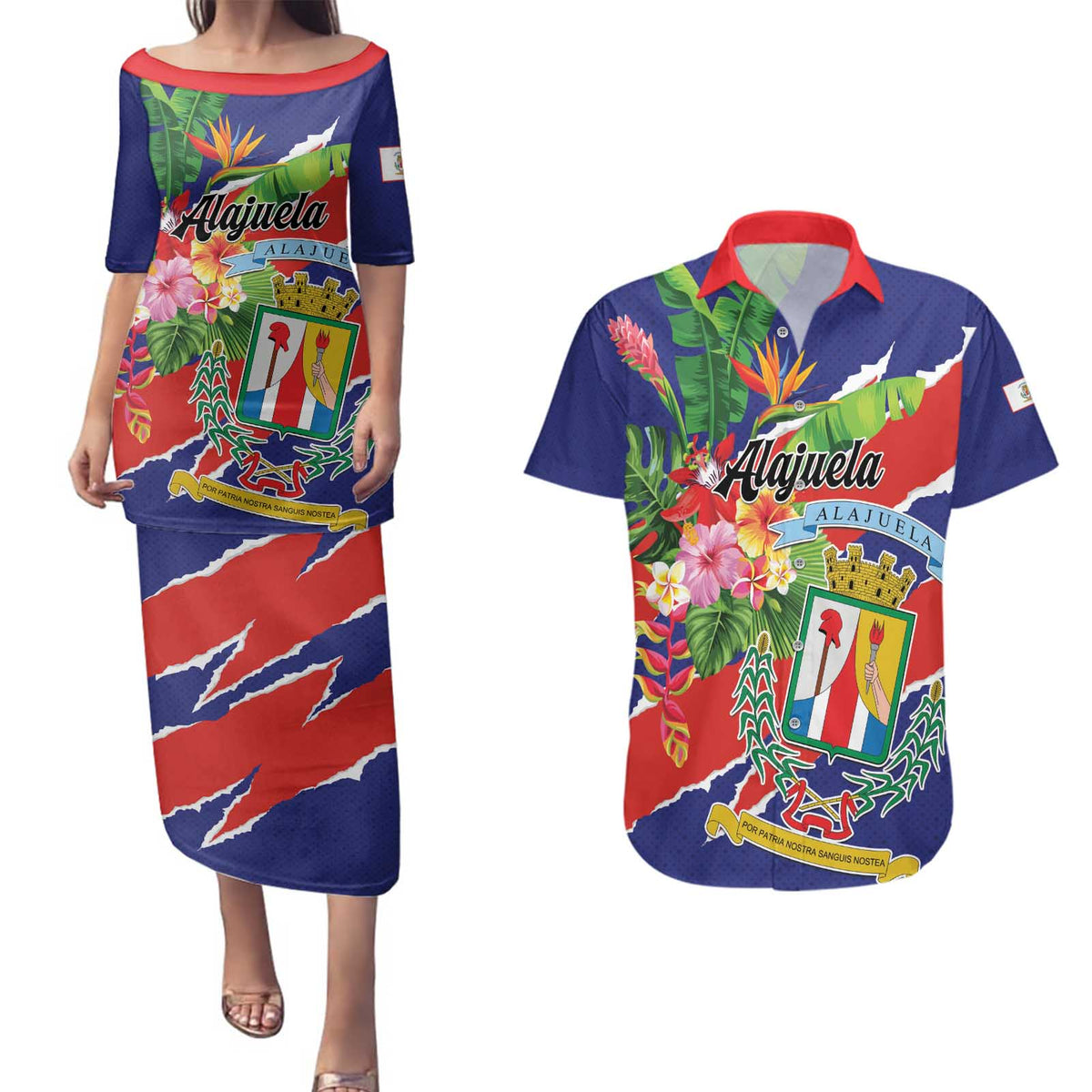 Personalized Costa Rica Alajuela Province Couples Matching Puletasi and Hawaiian Shirt - Wonder Print Shop