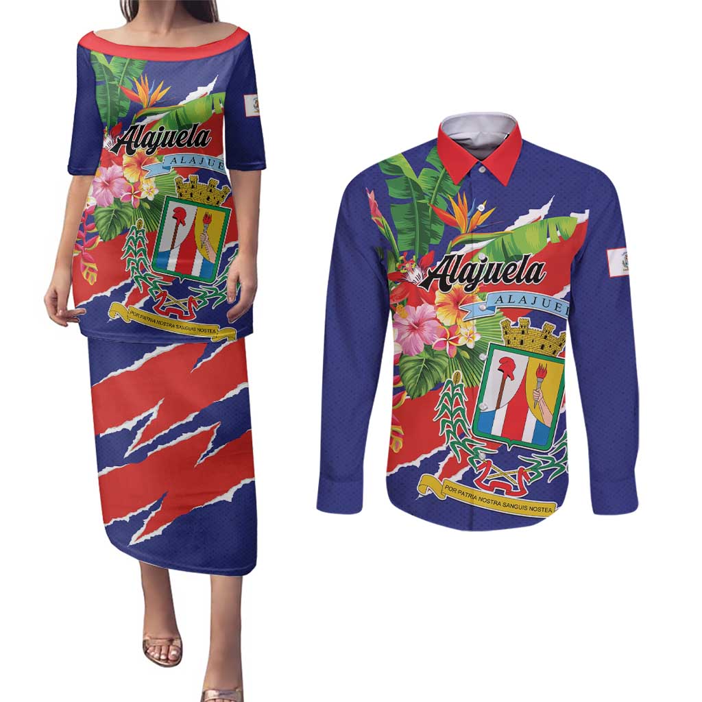 Personalized Costa Rica Alajuela Province Couples Matching Puletasi and Long Sleeve Button Shirt - Wonder Print Shop