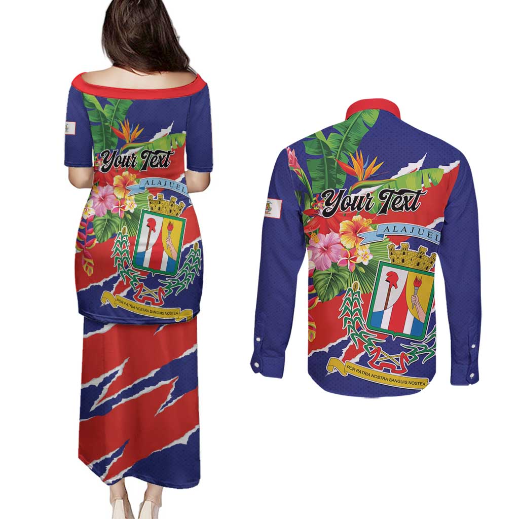 Personalized Costa Rica Alajuela Province Couples Matching Puletasi and Long Sleeve Button Shirt - Wonder Print Shop