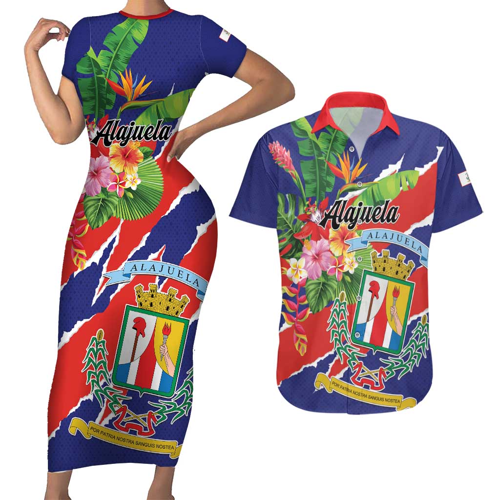 Personalized Costa Rica Alajuela Province Couples Matching Short Sleeve Bodycon Dress and Hawaiian Shirt - Wonder Print Shop