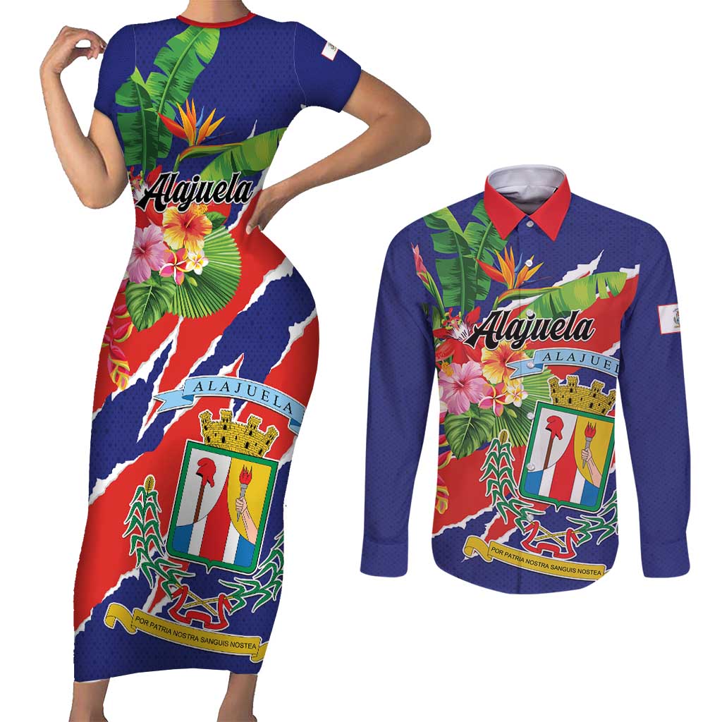 Personalized Costa Rica Alajuela Province Couples Matching Short Sleeve Bodycon Dress and Long Sleeve Button Shirt - Wonder Print Shop