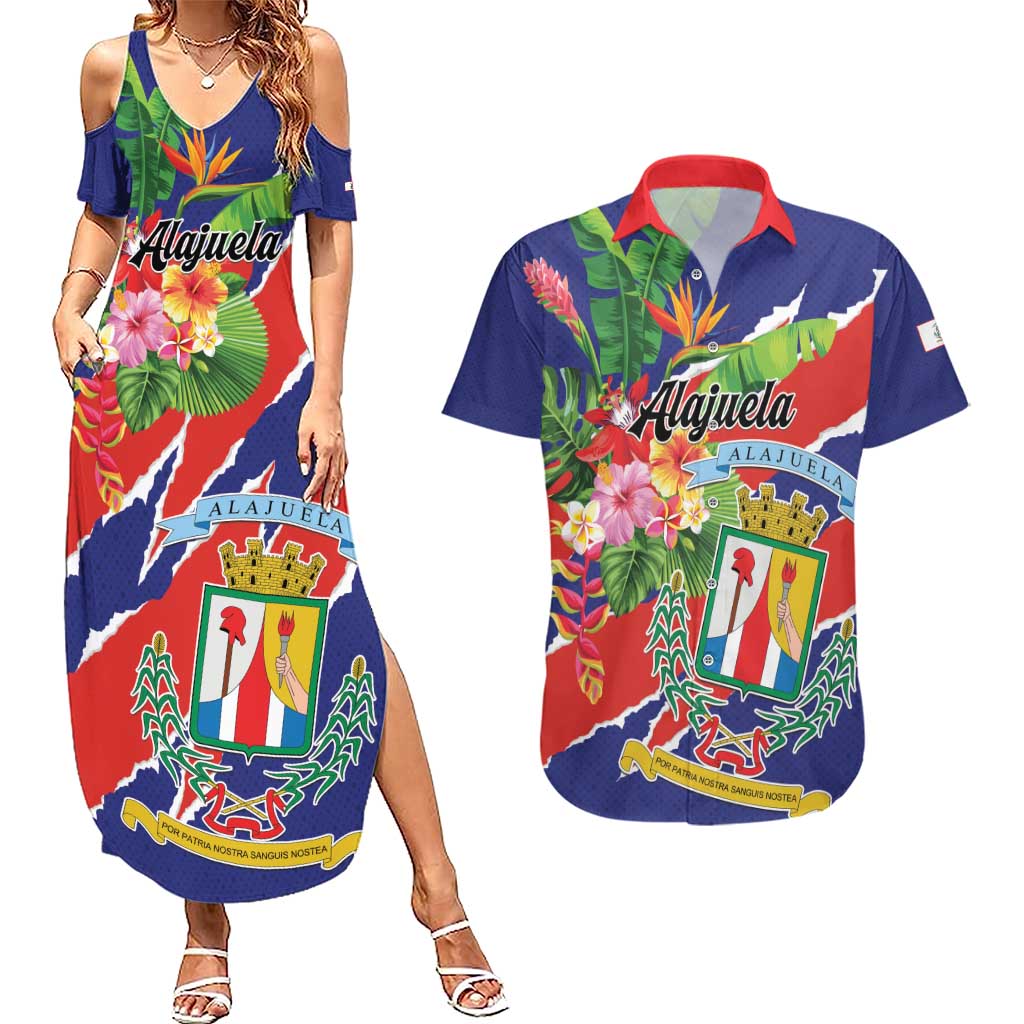 Personalized Costa Rica Alajuela Province Couples Matching Summer Maxi Dress and Hawaiian Shirt - Wonder Print Shop