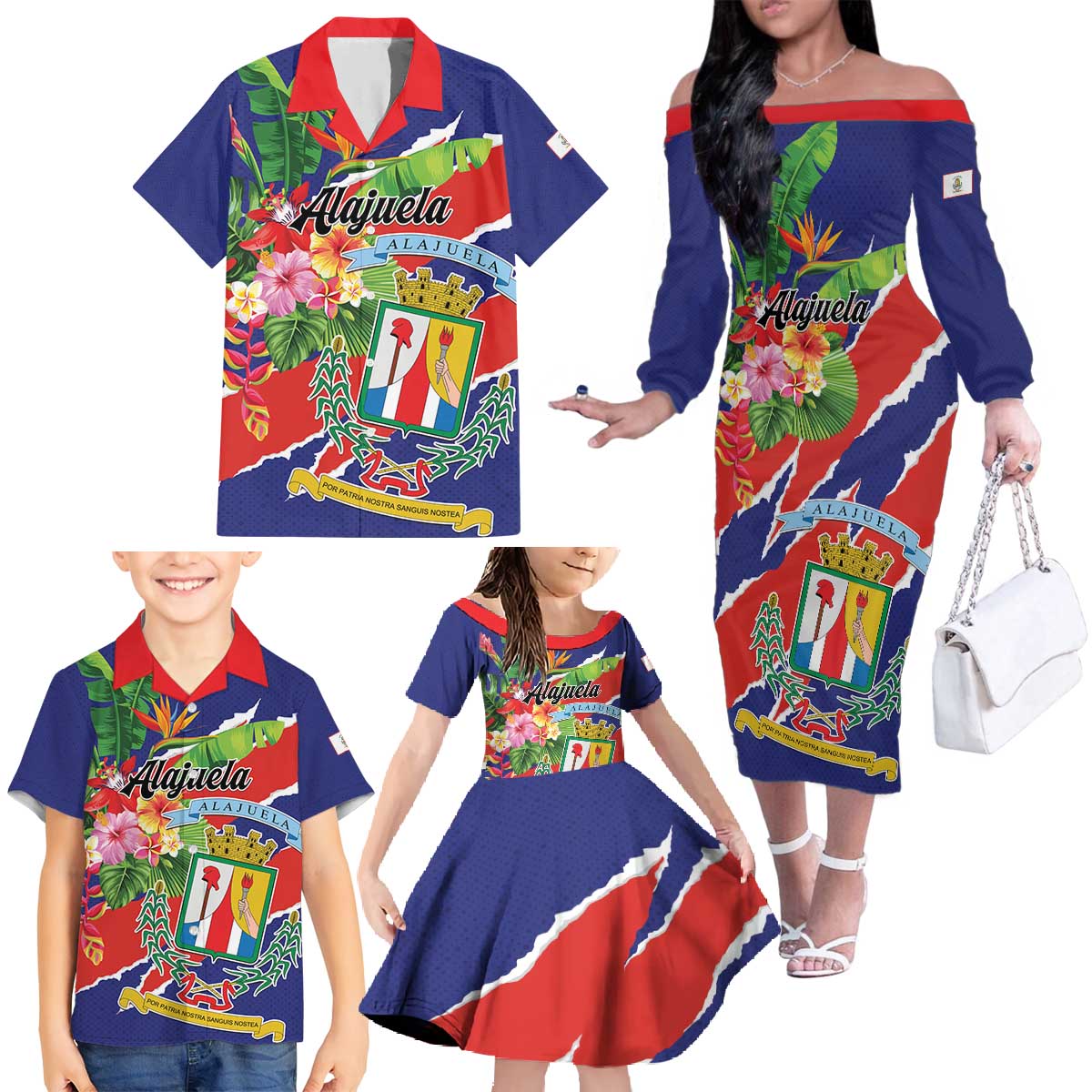 Personalized Costa Rica Alajuela Province Family Matching Off The Shoulder Long Sleeve Dress and Hawaiian Shirt - Wonder Print Shop