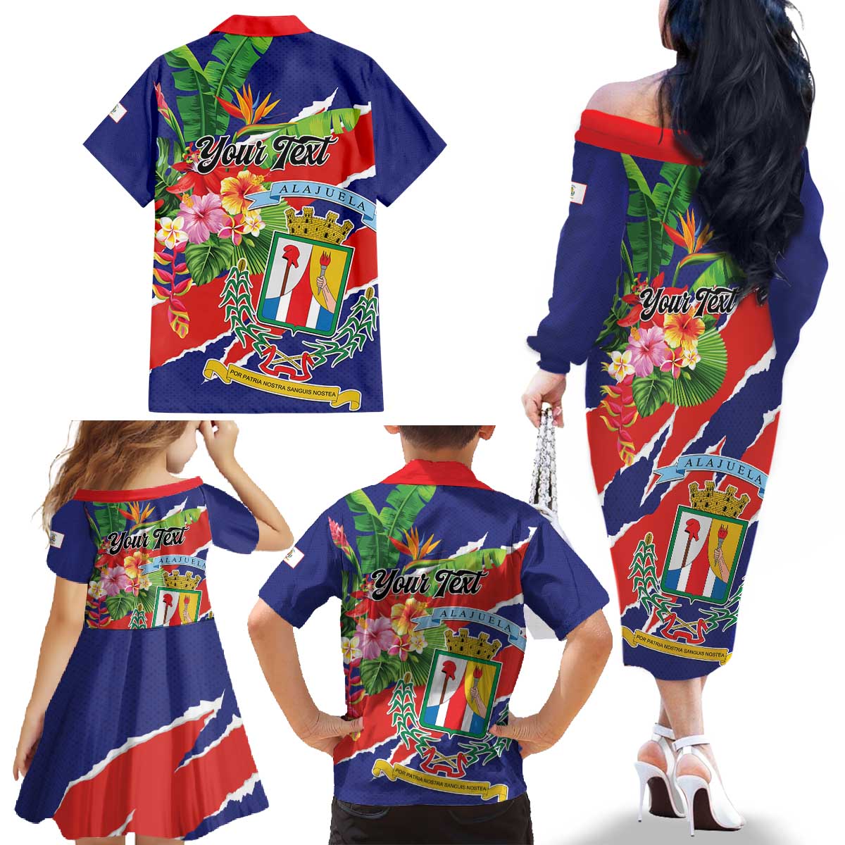 Personalized Costa Rica Alajuela Province Family Matching Off The Shoulder Long Sleeve Dress and Hawaiian Shirt - Wonder Print Shop