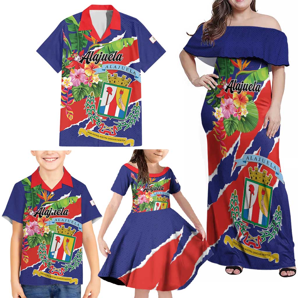 Personalized Costa Rica Alajuela Province Family Matching Off Shoulder Maxi Dress and Hawaiian Shirt - Wonder Print Shop