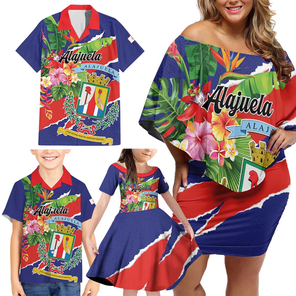 Personalized Costa Rica Alajuela Province Family Matching Off Shoulder Short Dress and Hawaiian Shirt - Wonder Print Shop