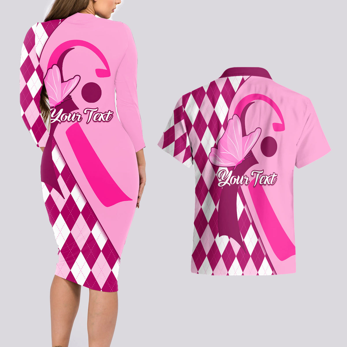 Personalised Think Pink Couples Matching Long Sleeve Bodycon Dress and Hawaiian Shirt Golf Argyle Pattern Breast Cancer Awareness - Wonder Print Shop