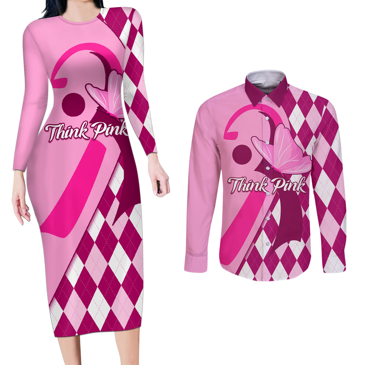 Personalised Think Pink Couples Matching Long Sleeve Bodycon Dress and Long Sleeve Button Shirts Golf Argyle Pattern Breast Cancer Awareness - Wonder Print Shop