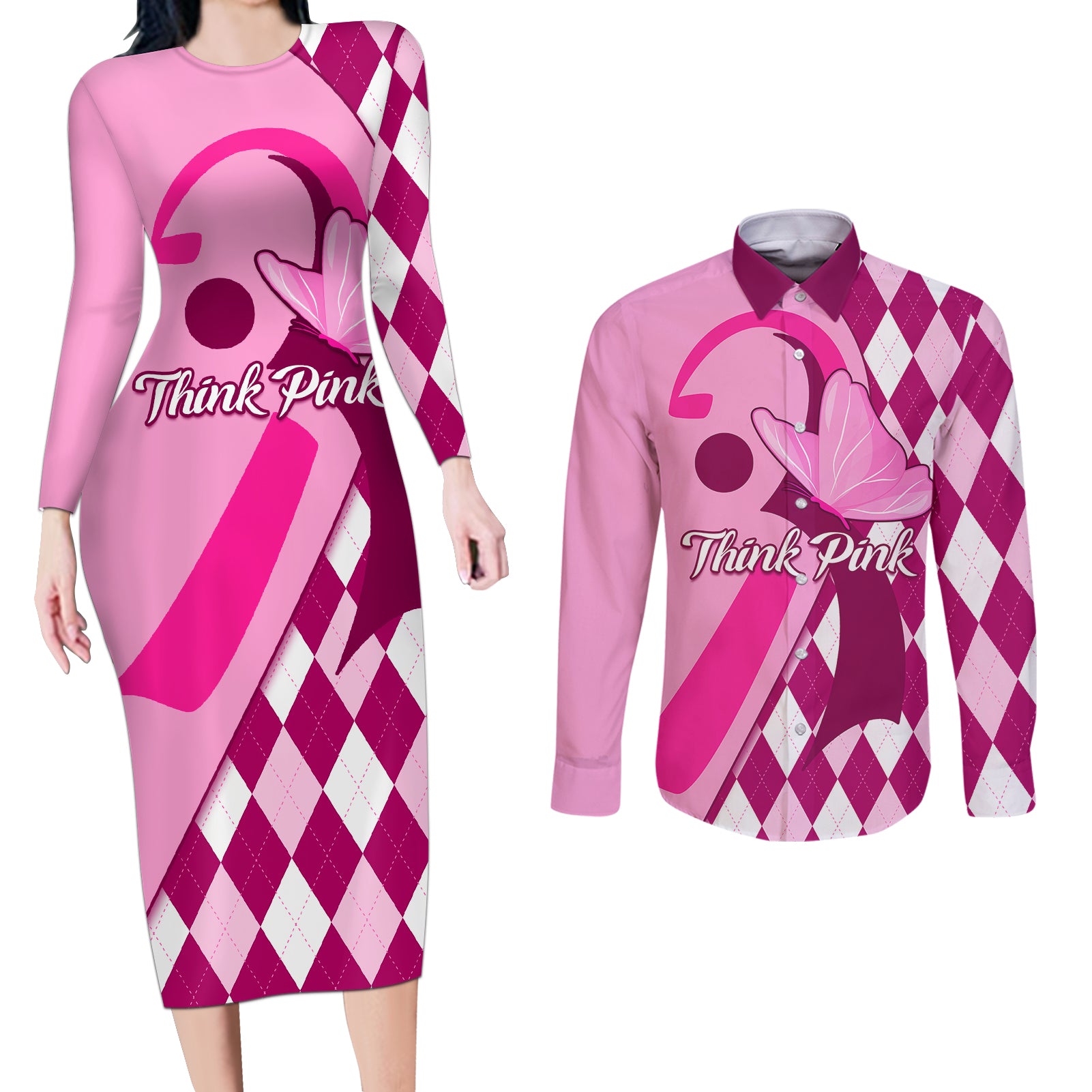 Personalised Think Pink Couples Matching Long Sleeve Bodycon Dress and Long Sleeve Button Shirts Golf Argyle Pattern Breast Cancer Awareness - Wonder Print Shop