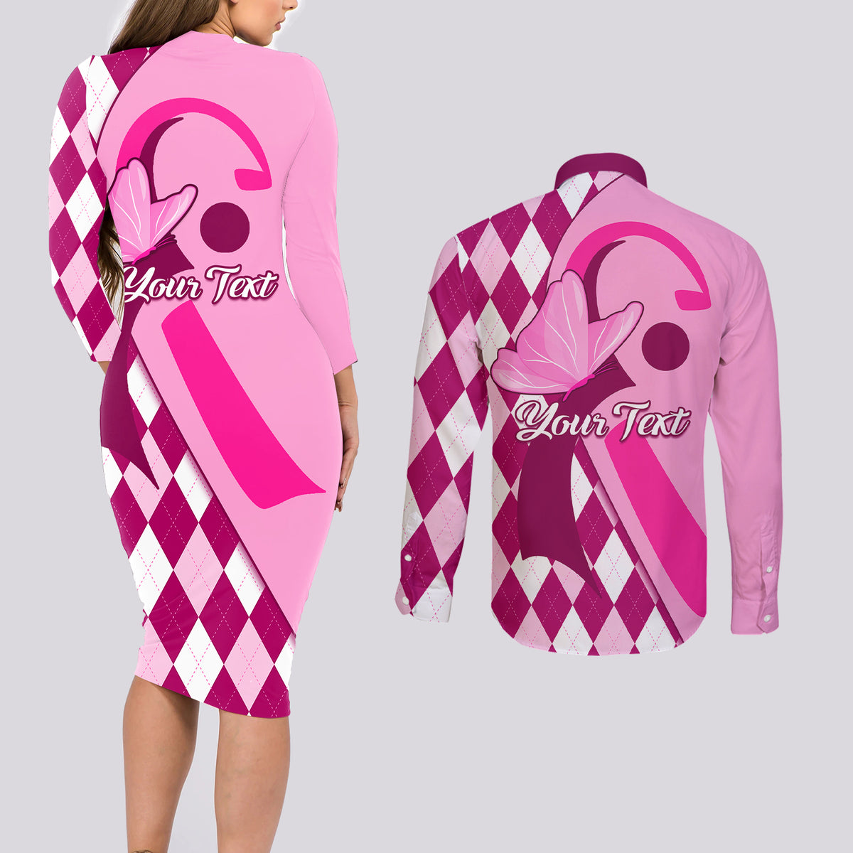 Personalised Think Pink Couples Matching Long Sleeve Bodycon Dress and Long Sleeve Button Shirts Golf Argyle Pattern Breast Cancer Awareness - Wonder Print Shop
