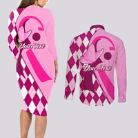 Personalised Think Pink Couples Matching Long Sleeve Bodycon Dress and Long Sleeve Button Shirts Golf Argyle Pattern Breast Cancer Awareness - Wonder Print Shop