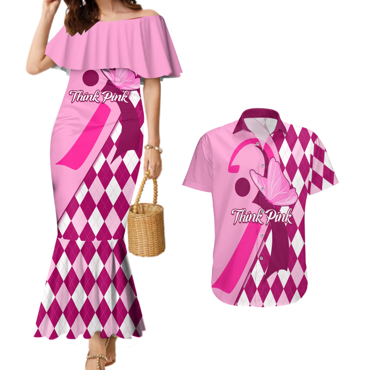 Personalised Think Pink Couples Matching Mermaid Dress and Hawaiian Shirt Golf Argyle Pattern Breast Cancer Awareness - Wonder Print Shop