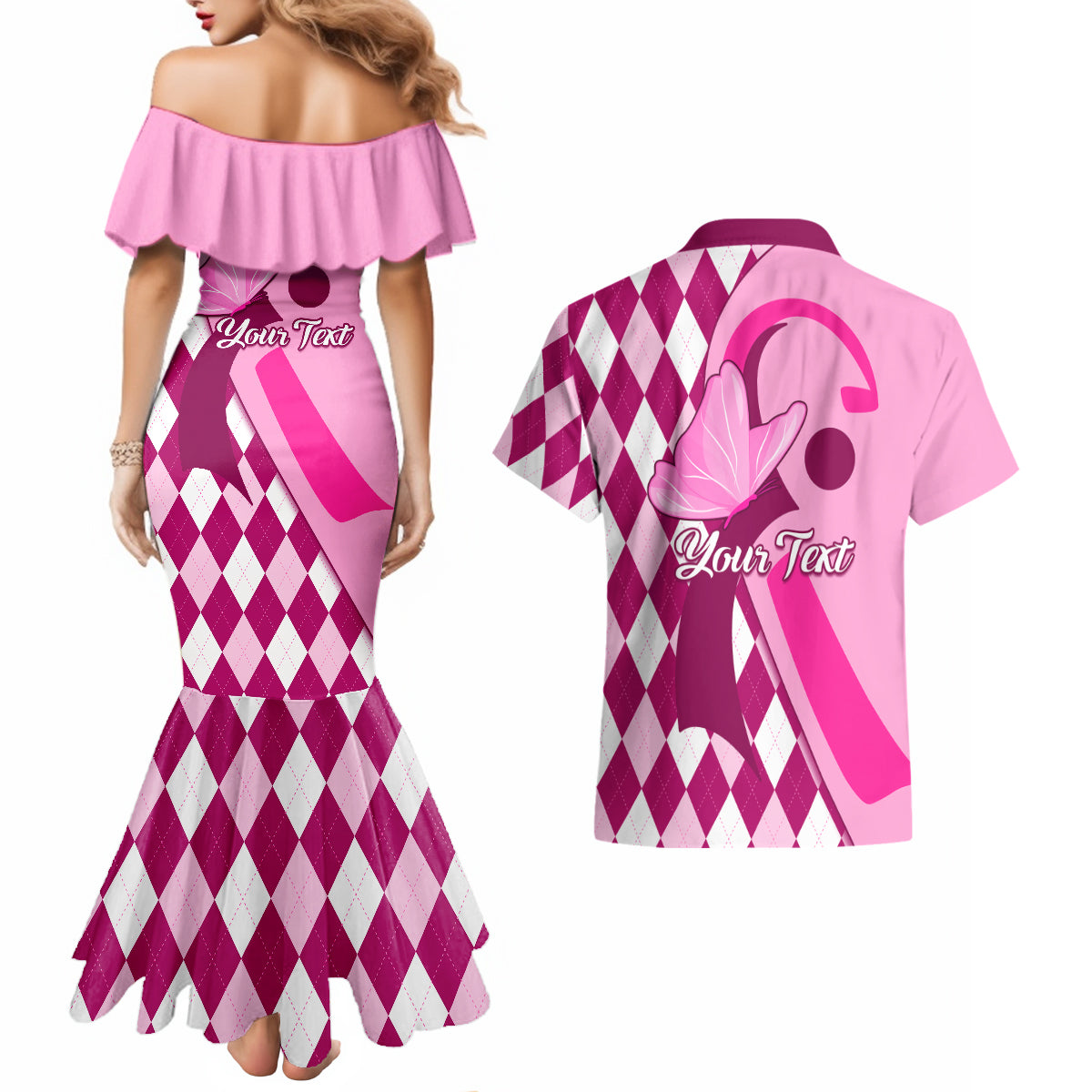 Personalised Think Pink Couples Matching Mermaid Dress and Hawaiian Shirt Golf Argyle Pattern Breast Cancer Awareness - Wonder Print Shop