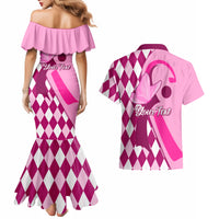 Personalised Think Pink Couples Matching Mermaid Dress and Hawaiian Shirt Golf Argyle Pattern Breast Cancer Awareness - Wonder Print Shop