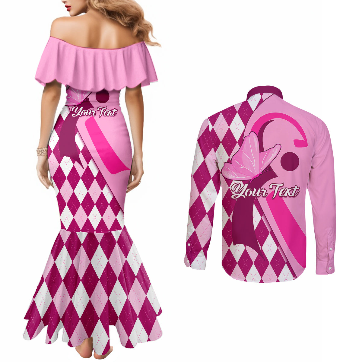 personalised-think-pink-couples-matching-mermaid-dress-and-long-sleeve-button-shirts-golf-argyle-pattern-breast-cancer-awareness